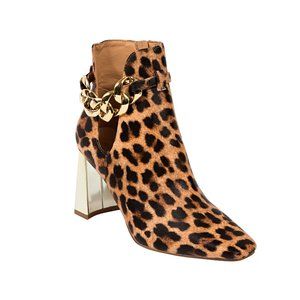 Stylish Womens Brown Leopard High Heel Party Ankle Boot With Chain